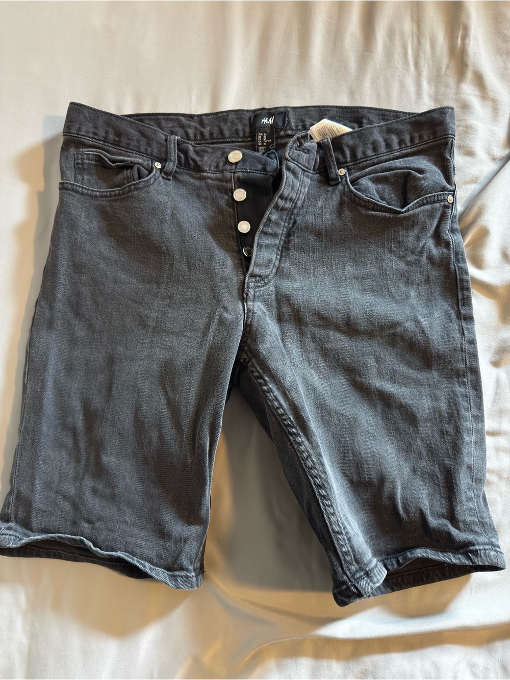 H&M Men’s Charcoal Black Denim Button-Fly Shorts